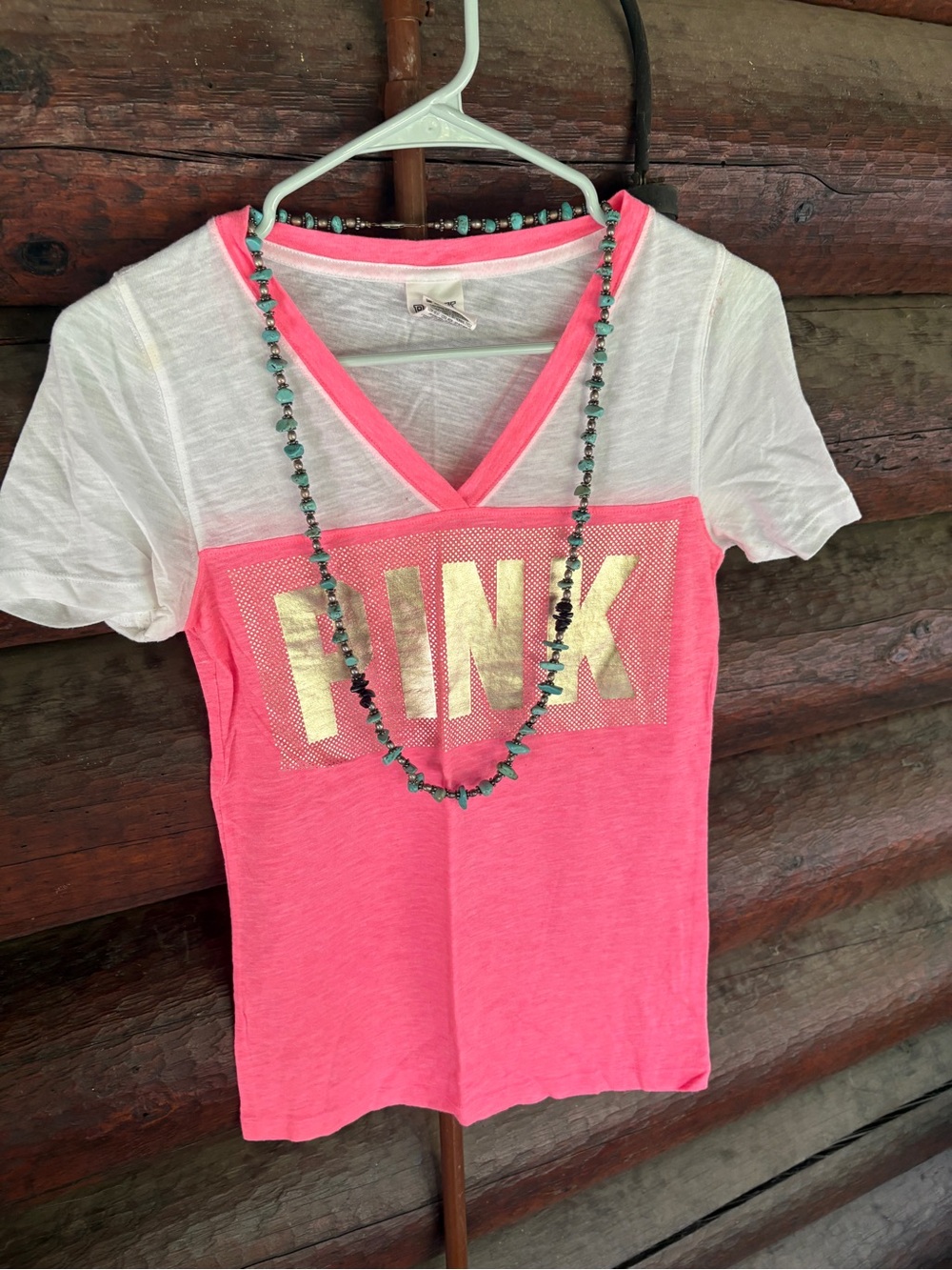 PINK Victoria's Secret White & Neon Pink V-Neck Logo Tee metallic gold XS top